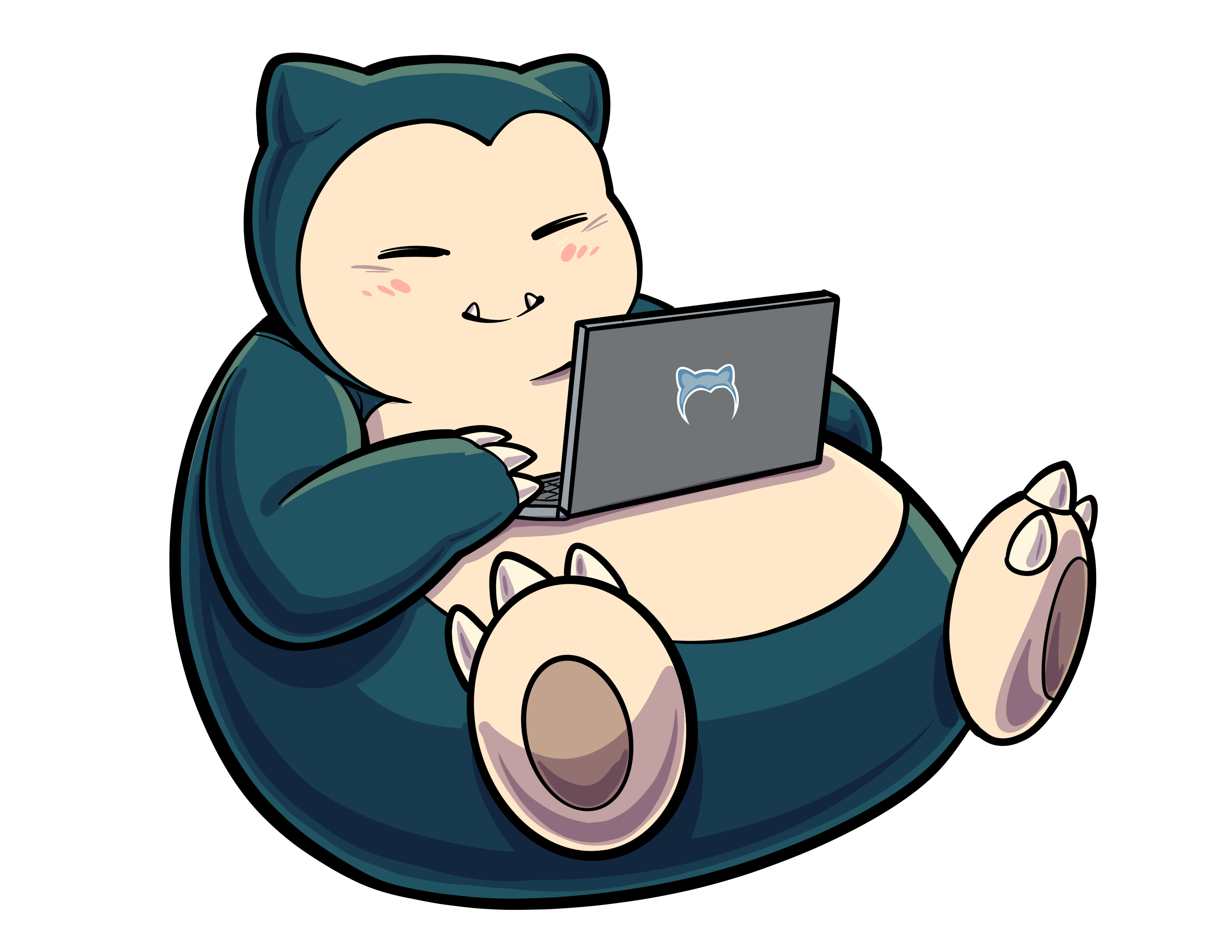 An illustration of Snorlax sitting on a coach, coding on his laptop.