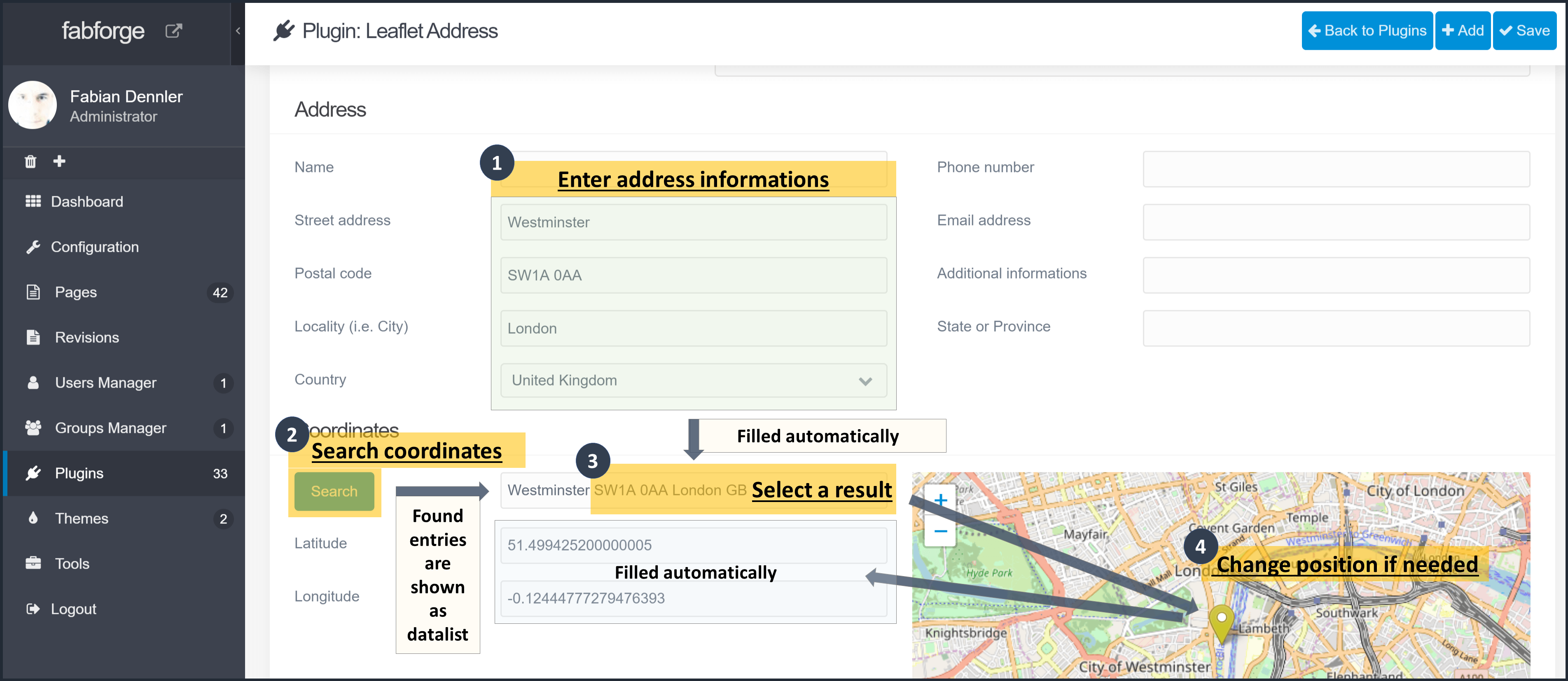 Leaflet address configuration UI