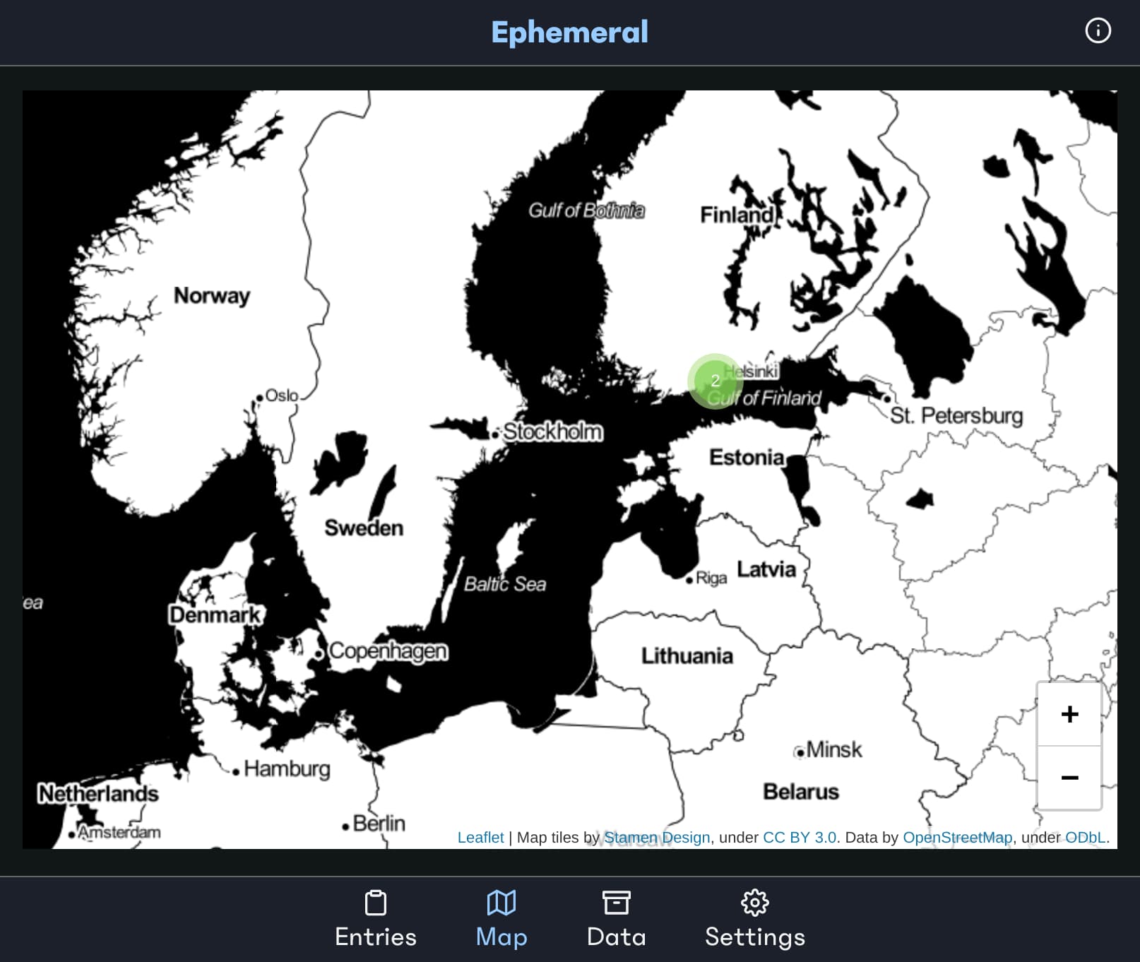 The map screen of the application, with a marker on Helsinki.