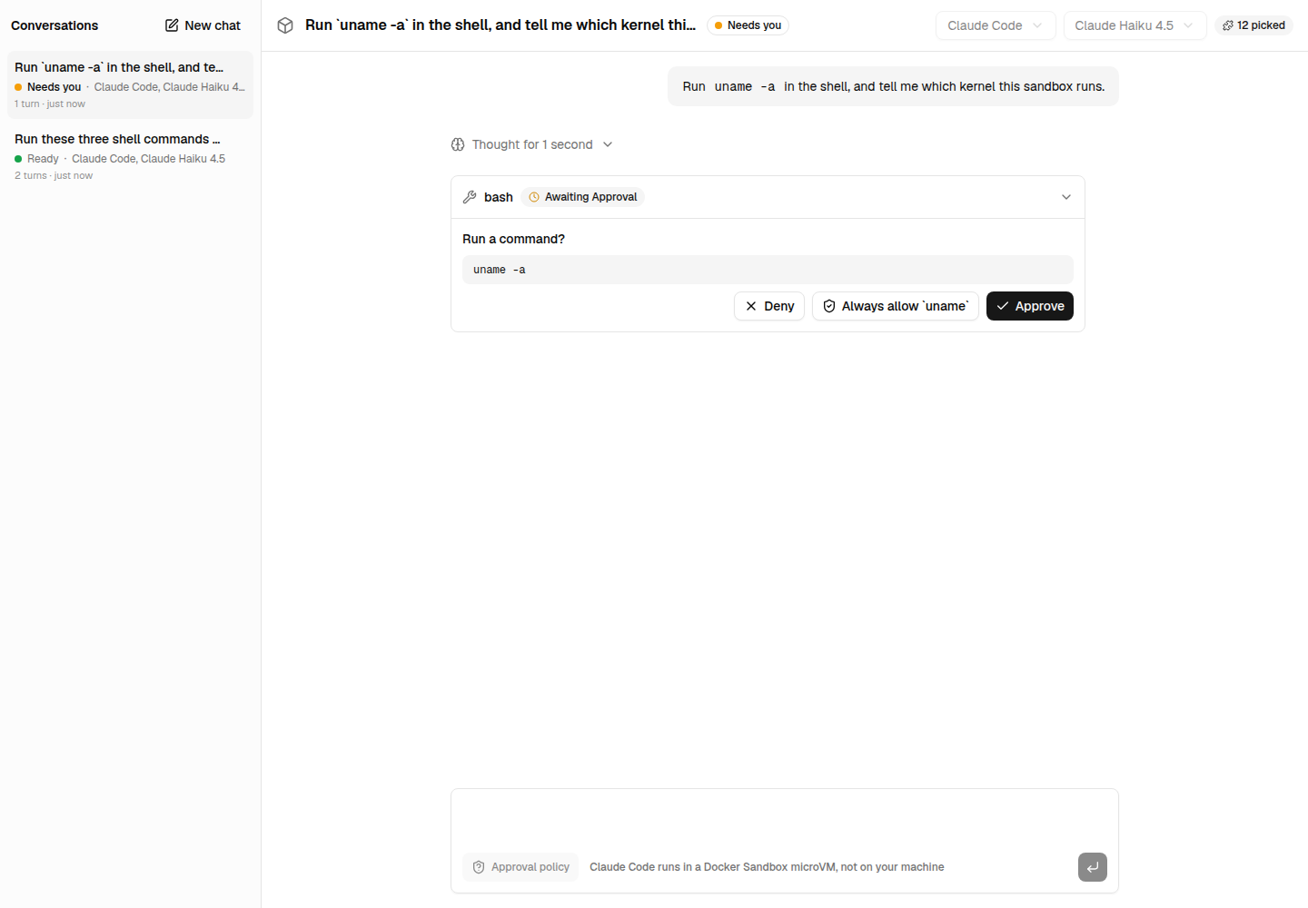 The Next.js example waiting for the approval of a shell command, the conversation marked "Needs you"