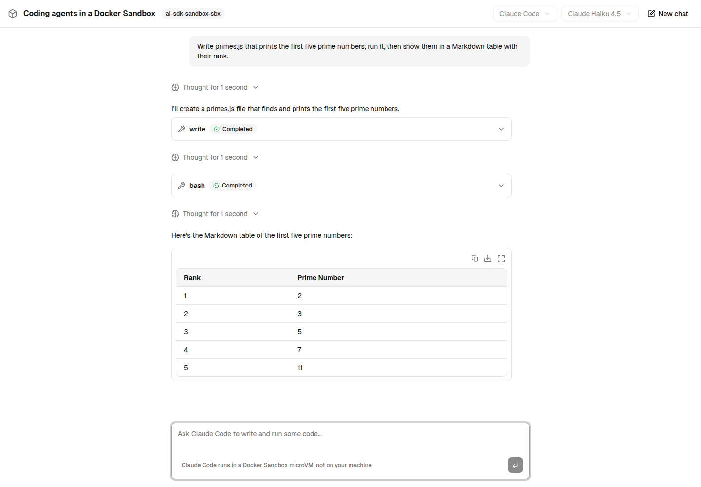 Claude Code running in a Docker Sandbox, in the Next.js example of the repository