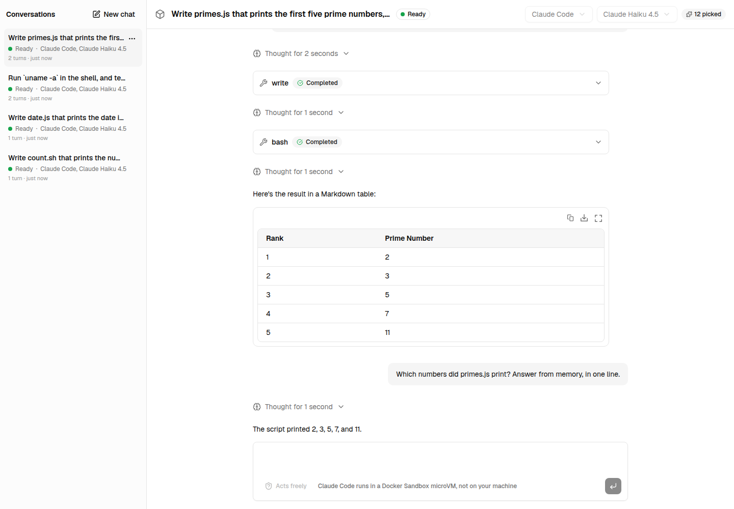 A conversation of the Next.js example resumed after a suspension: the agent remembers what it did