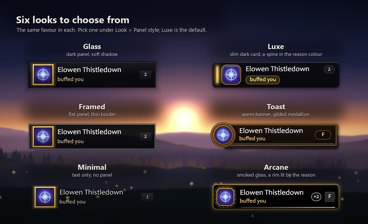Six looks for the prompt: Glass, Framed, Minimal, Luxe, Toast and Arcane, the same favour drawn in each