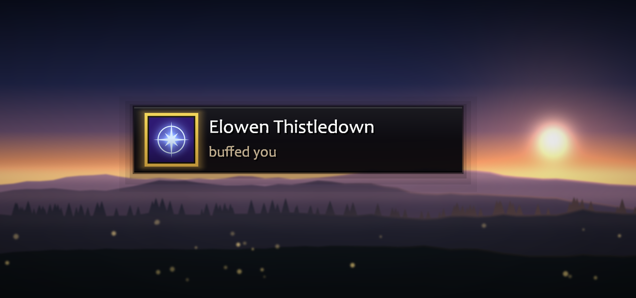 The prompt: a dark panel naming Elowen Thistledown, who buffed you, with a gold glow round the spell icon
