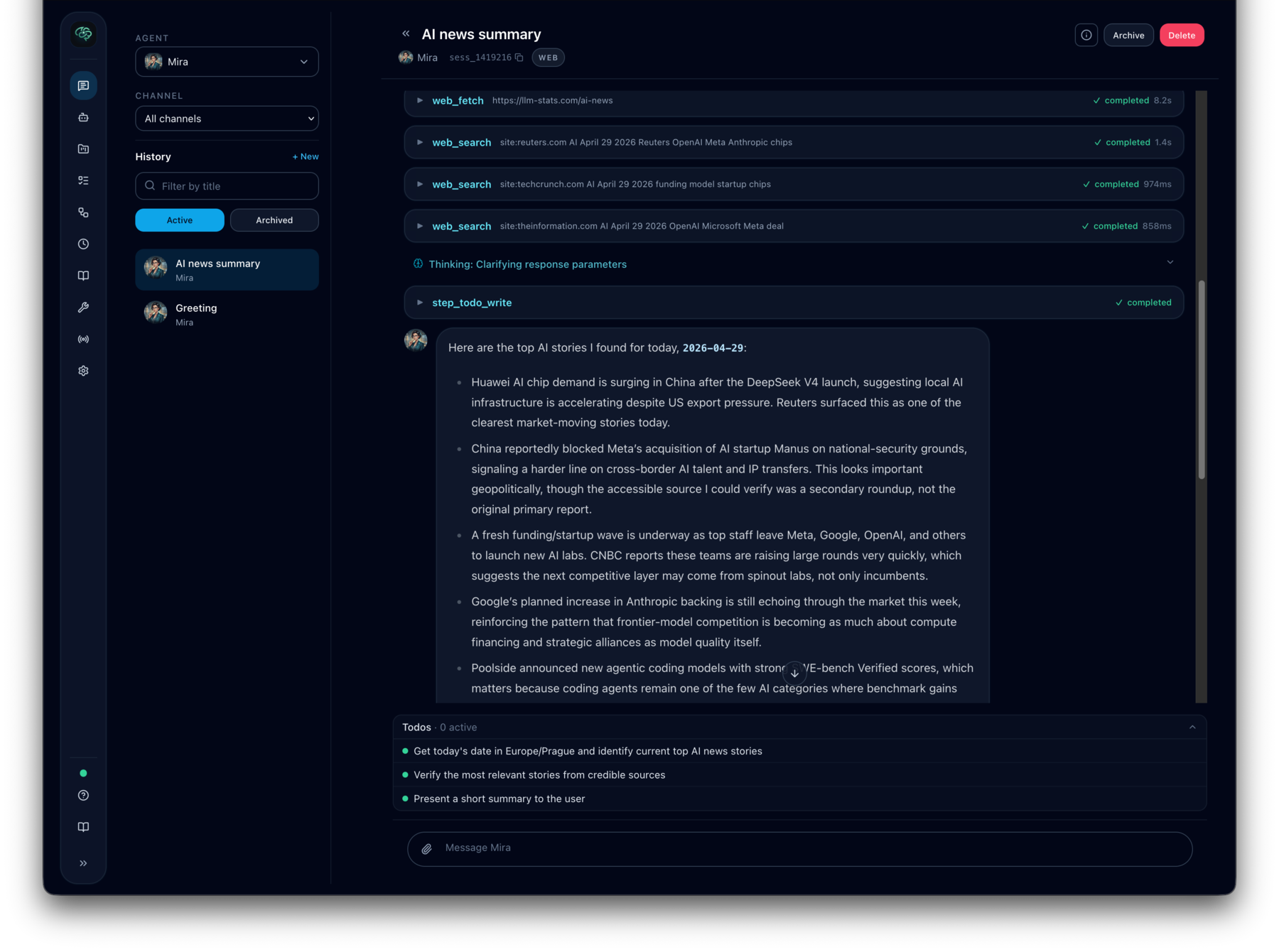 Cognis chat workspace with web research tools and todo tracking