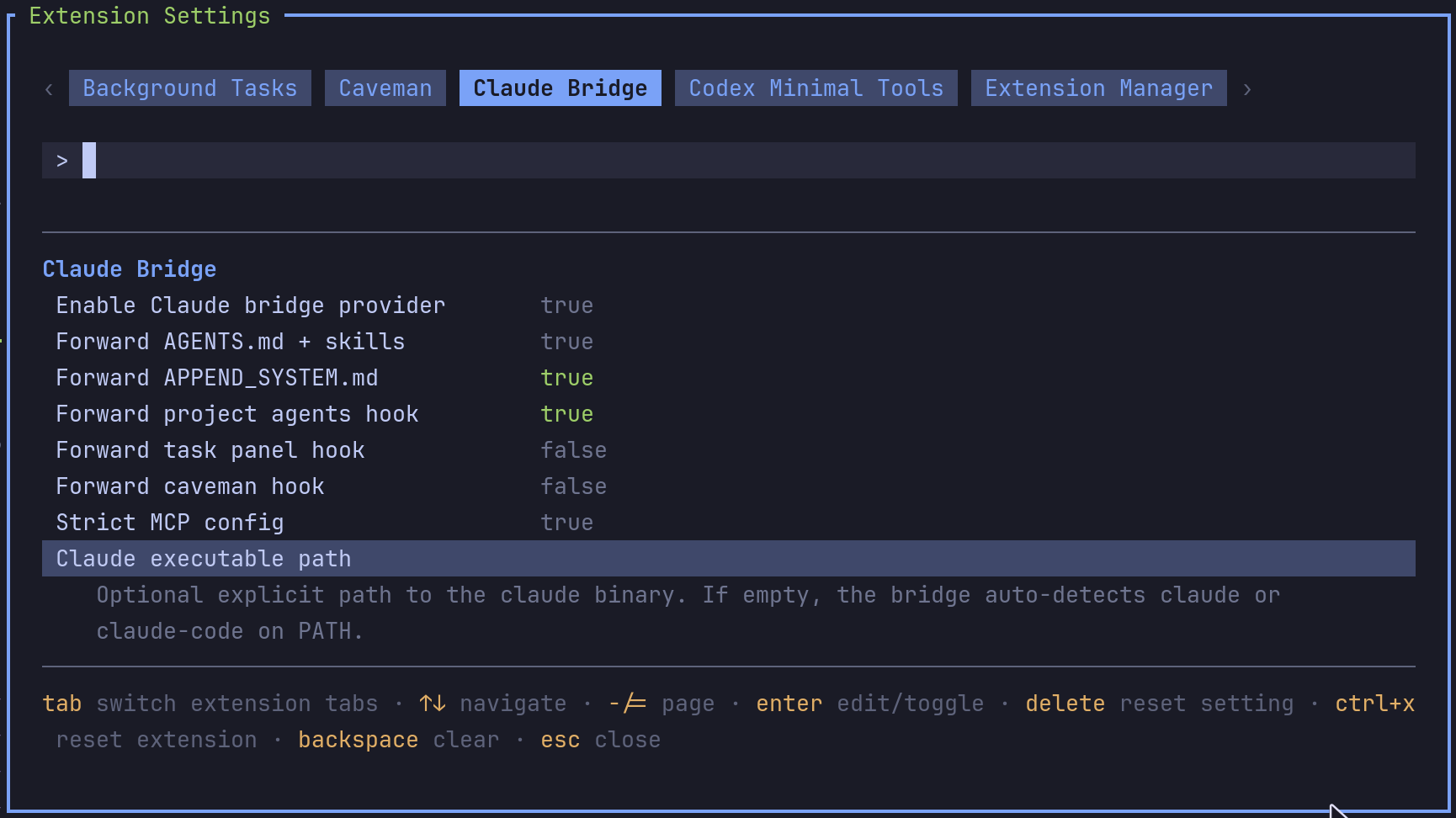 Claude Bridge settings panel