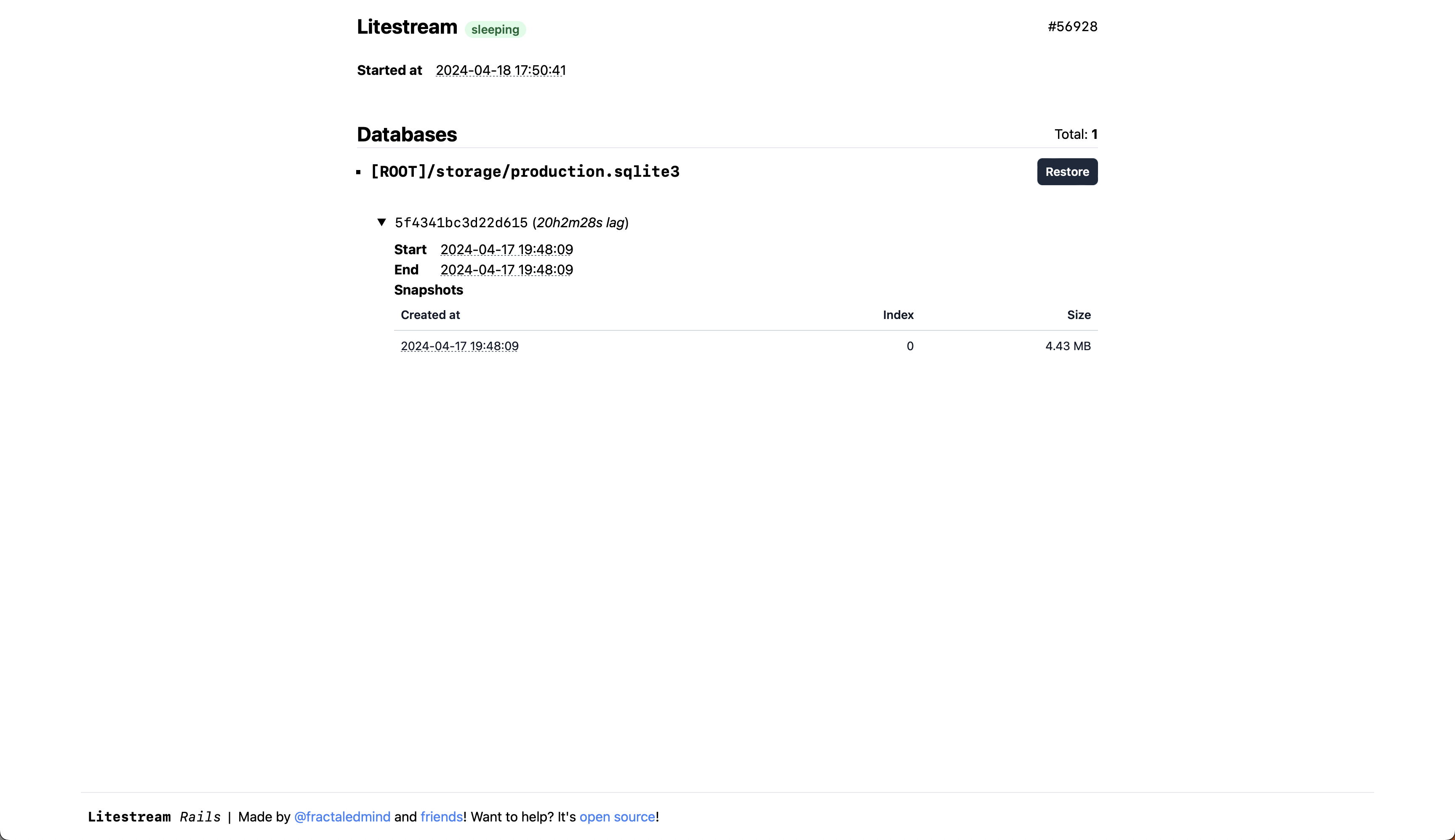 screenshot of the single page in the web dashboard, showing details of the Litestream replication process