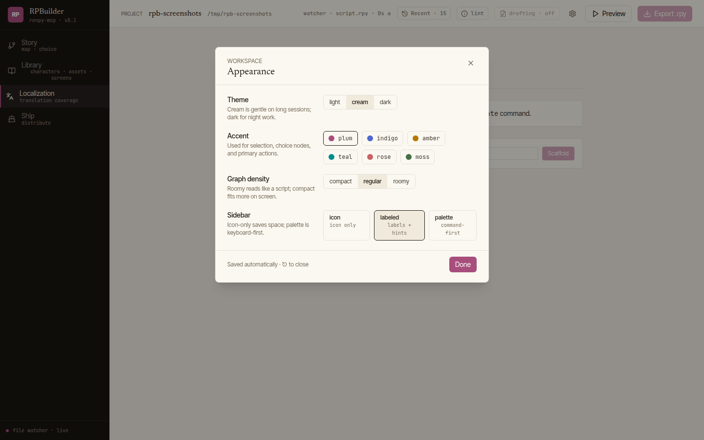 Preferences modal