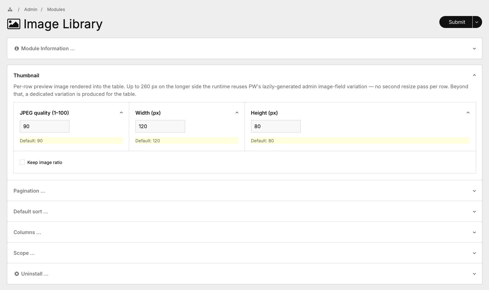 Module configuration screenshot showing the Thumbnail, Pagination, Default sort, Columns and Scope fieldsets