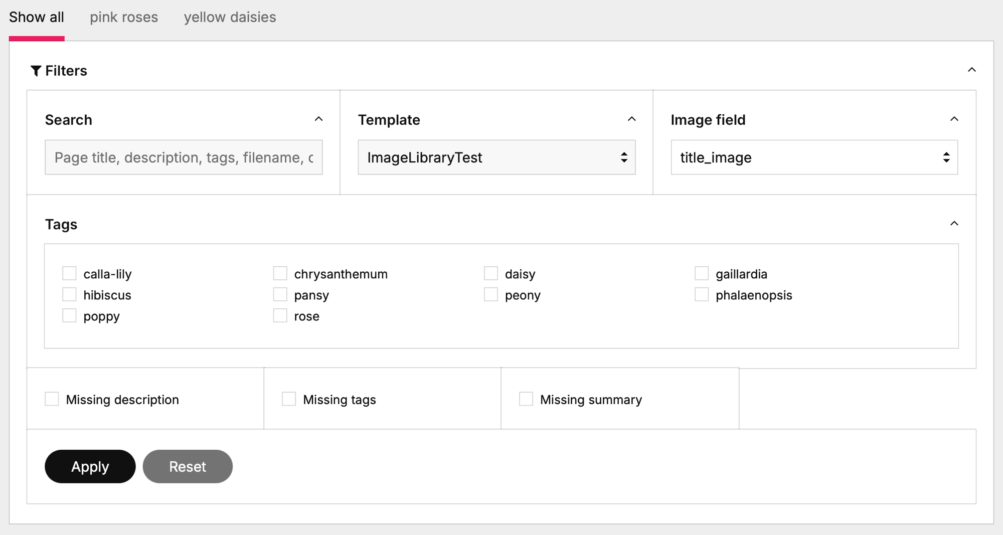 Filter fieldset expanded, showing search field, template + image-field selects, tag checkboxes grid, and missing-X checkboxes with Apply / Reset buttons
