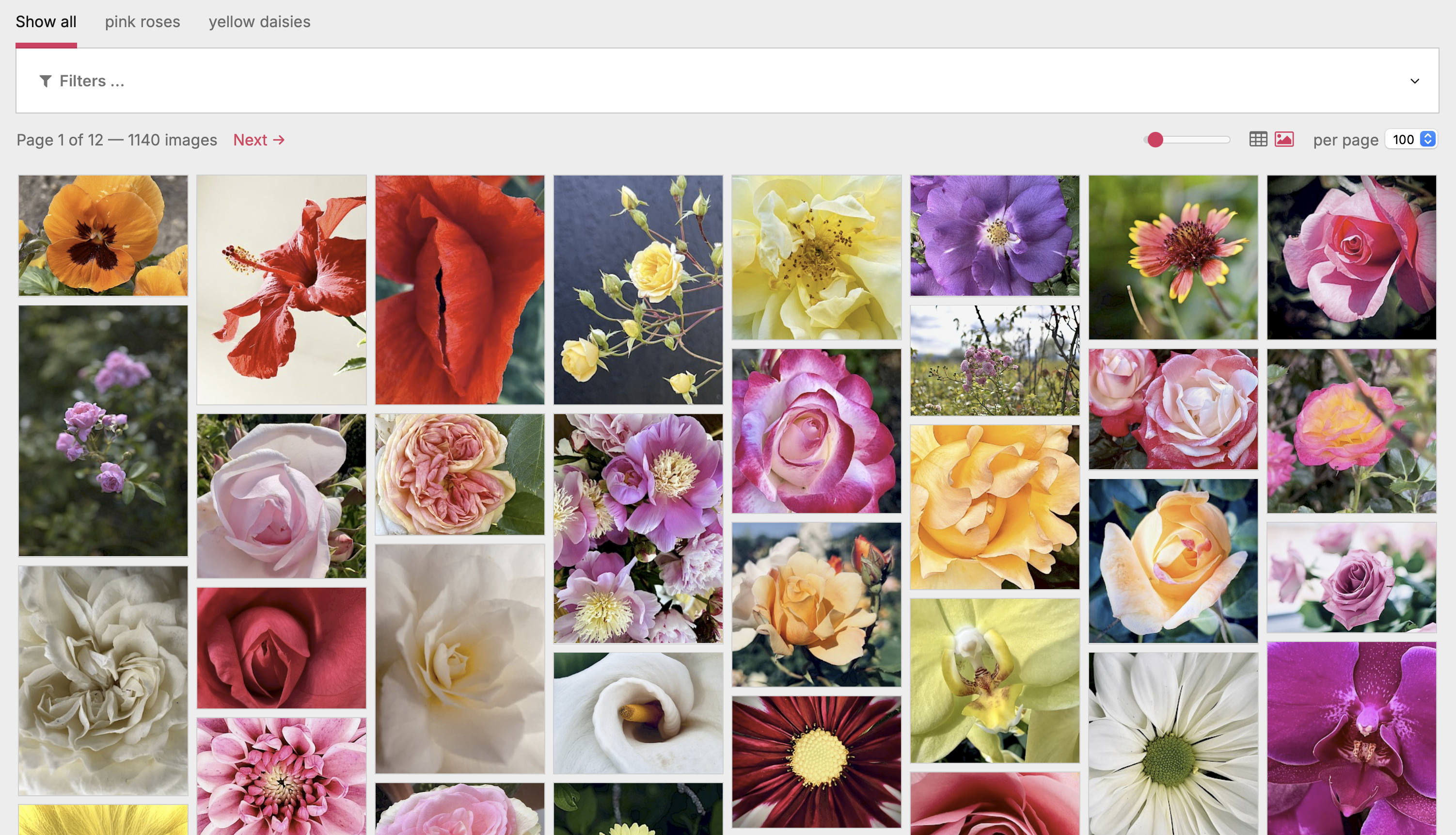 Masonry gallery view of the Image Library: the same toolbar with the size slider and table / gallery toggle, below it a dense grid of flower thumbnails of varying heights packed edge-to-edge