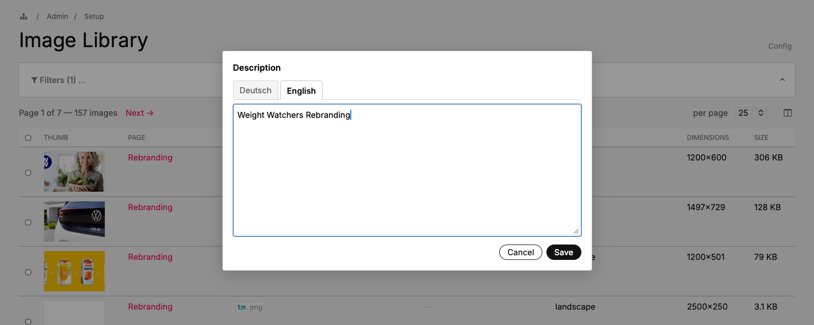 Inline edit popup for a Description cell, showing the textarea, multilang tabs across the top, Save / Cancel buttons