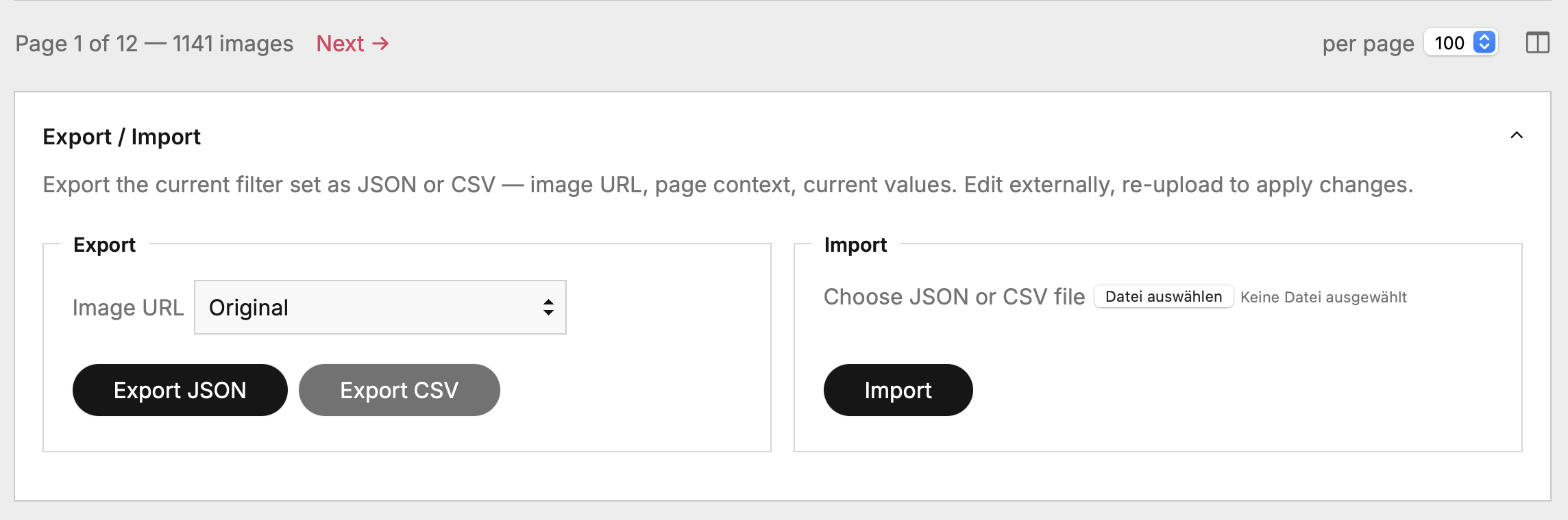 Export / Import section at the page bottom, showing two export buttons (JSON / CSV) and an upload form
