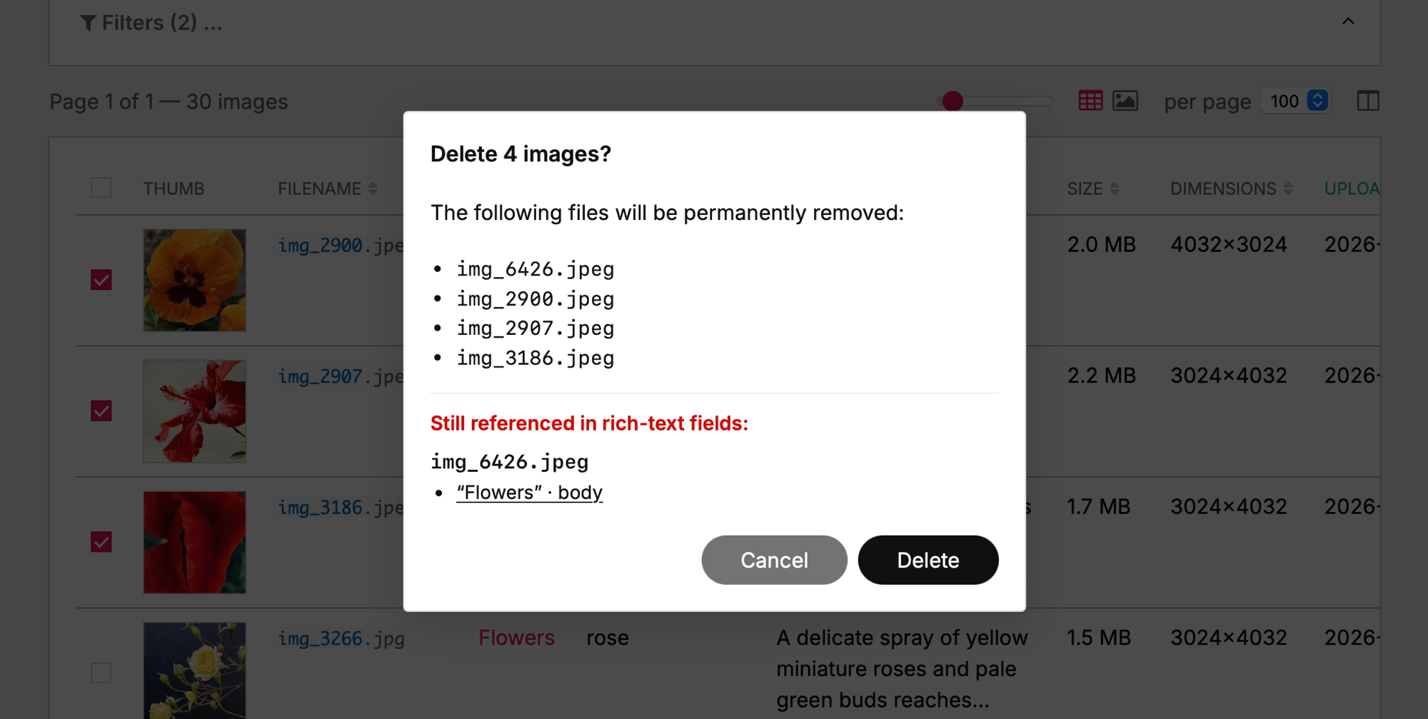 Delete confirm dialog for a batch of 4 images: the header counts the selection, the files are listed inline, and a red "Still referenced in rich-text fields" block names img_6426.jpeg with a link to the "Flowers" page body field that still embeds it