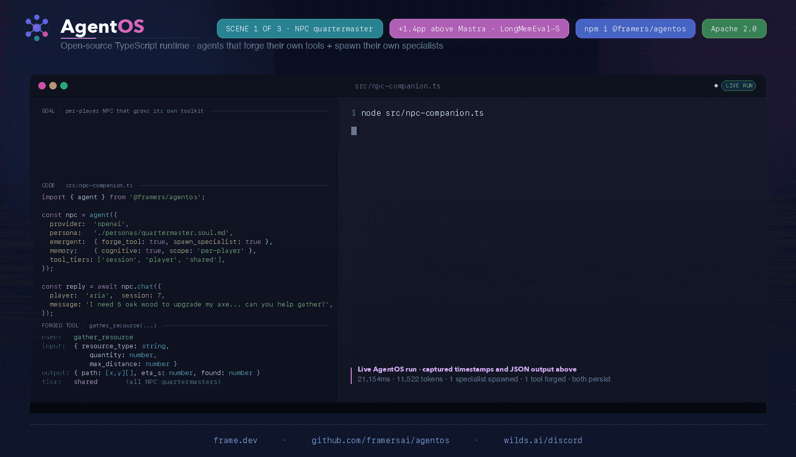 Three AgentOS agents with distinct HEXACO personalities collaborate on a code review, forge a new tool at runtime once they hit a gap their static toolkit can't cover, the LLM judge approves the spec, and all three invoke it on the next turn.