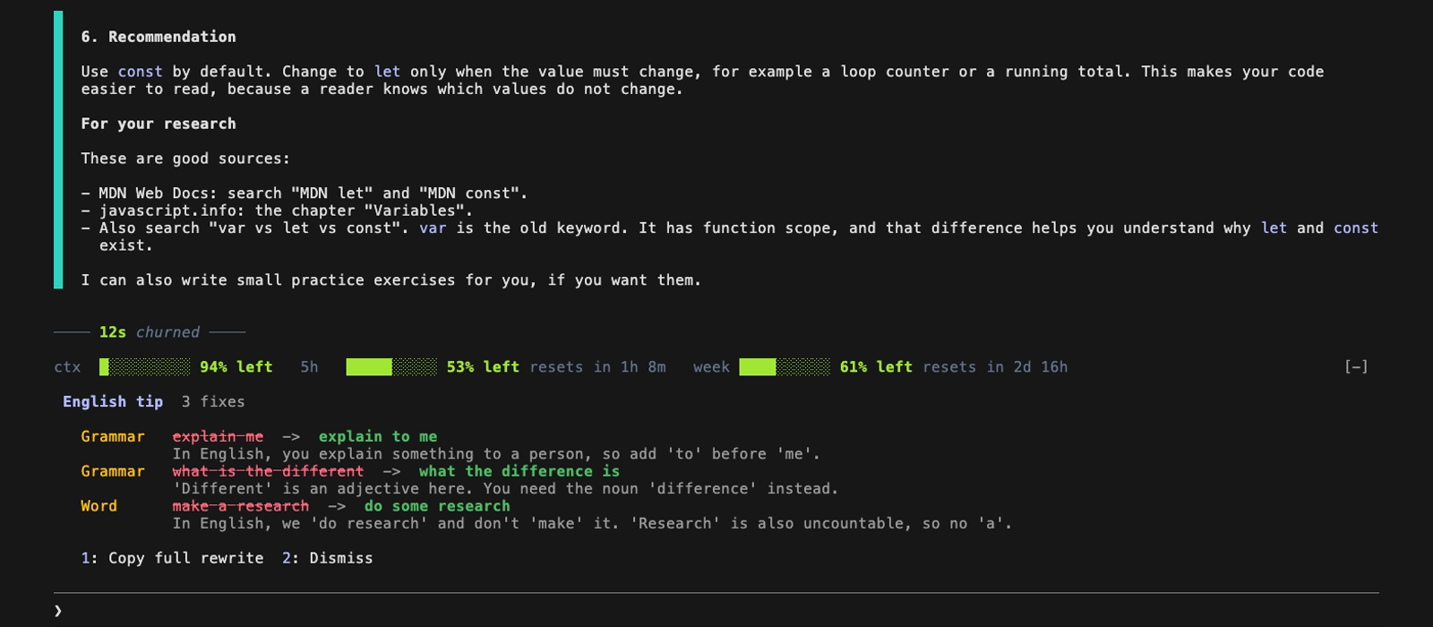 English tips above the prompt