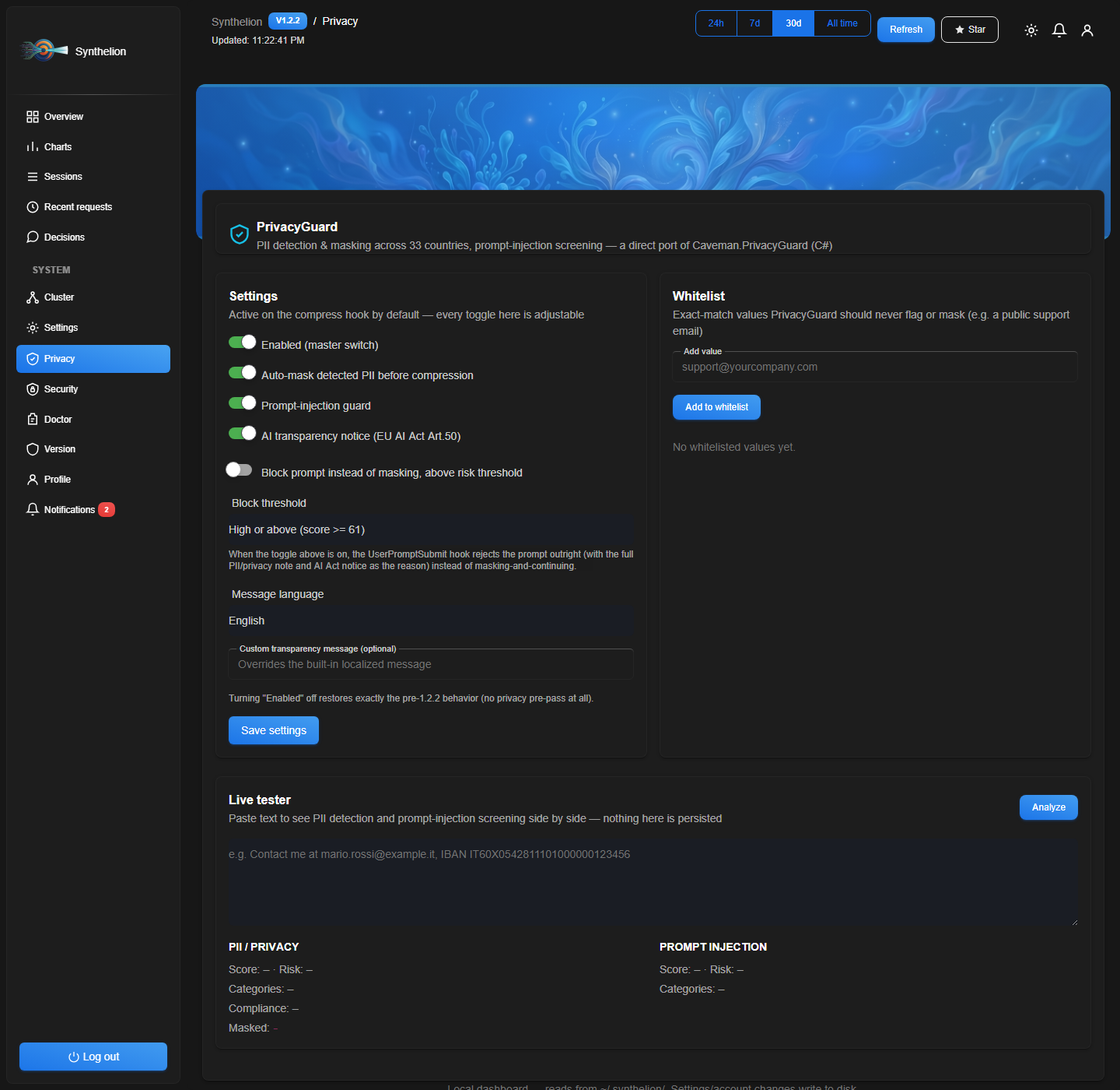 Synthelion dashboard — privacy