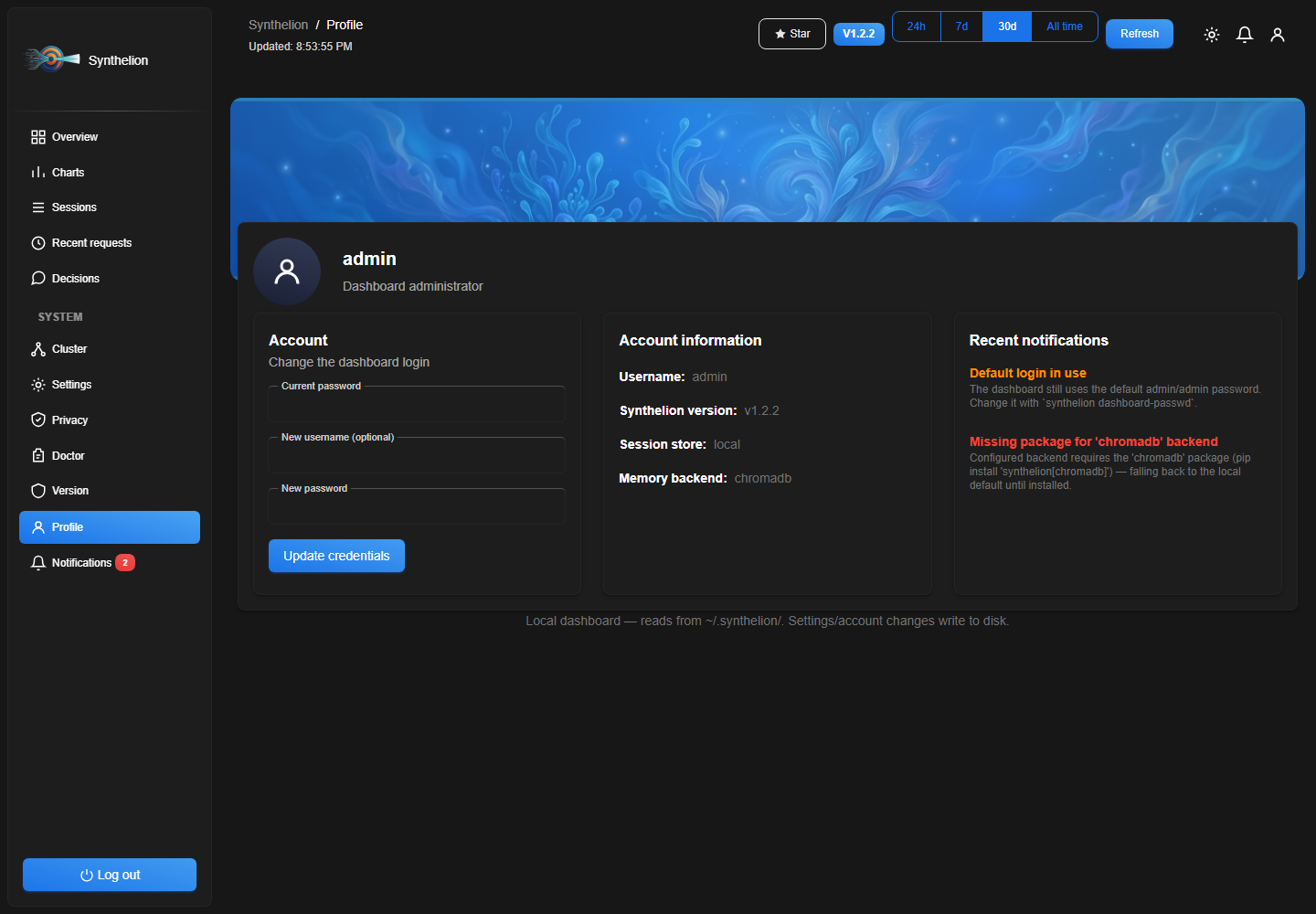 Synthelion dashboard — profile