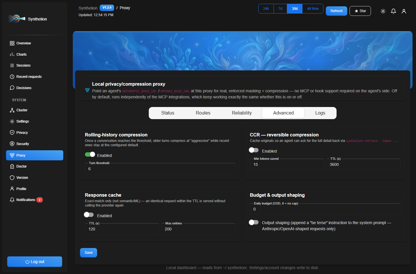 Synthelion dashboard — proxy advanced