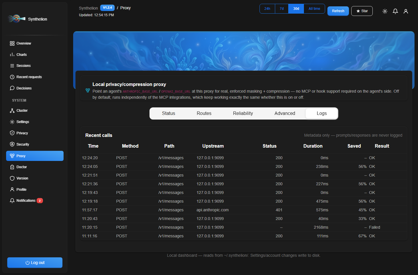 Synthelion dashboard — proxy logs