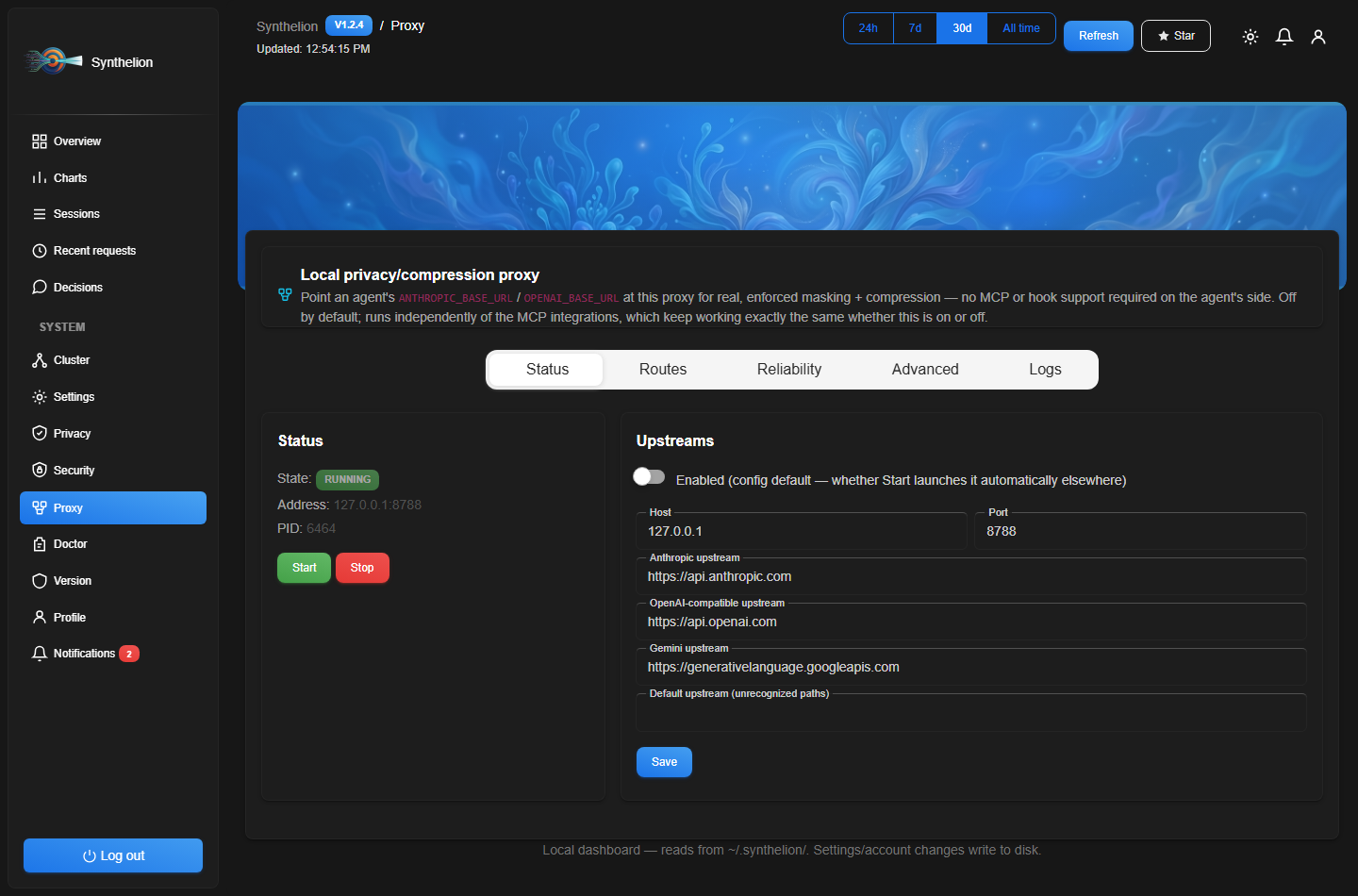 Synthelion dashboard — proxy status