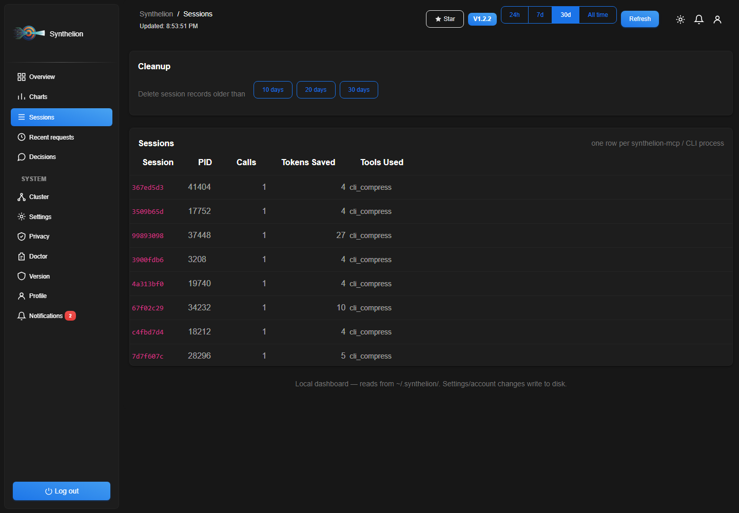 Synthelion dashboard — sessions