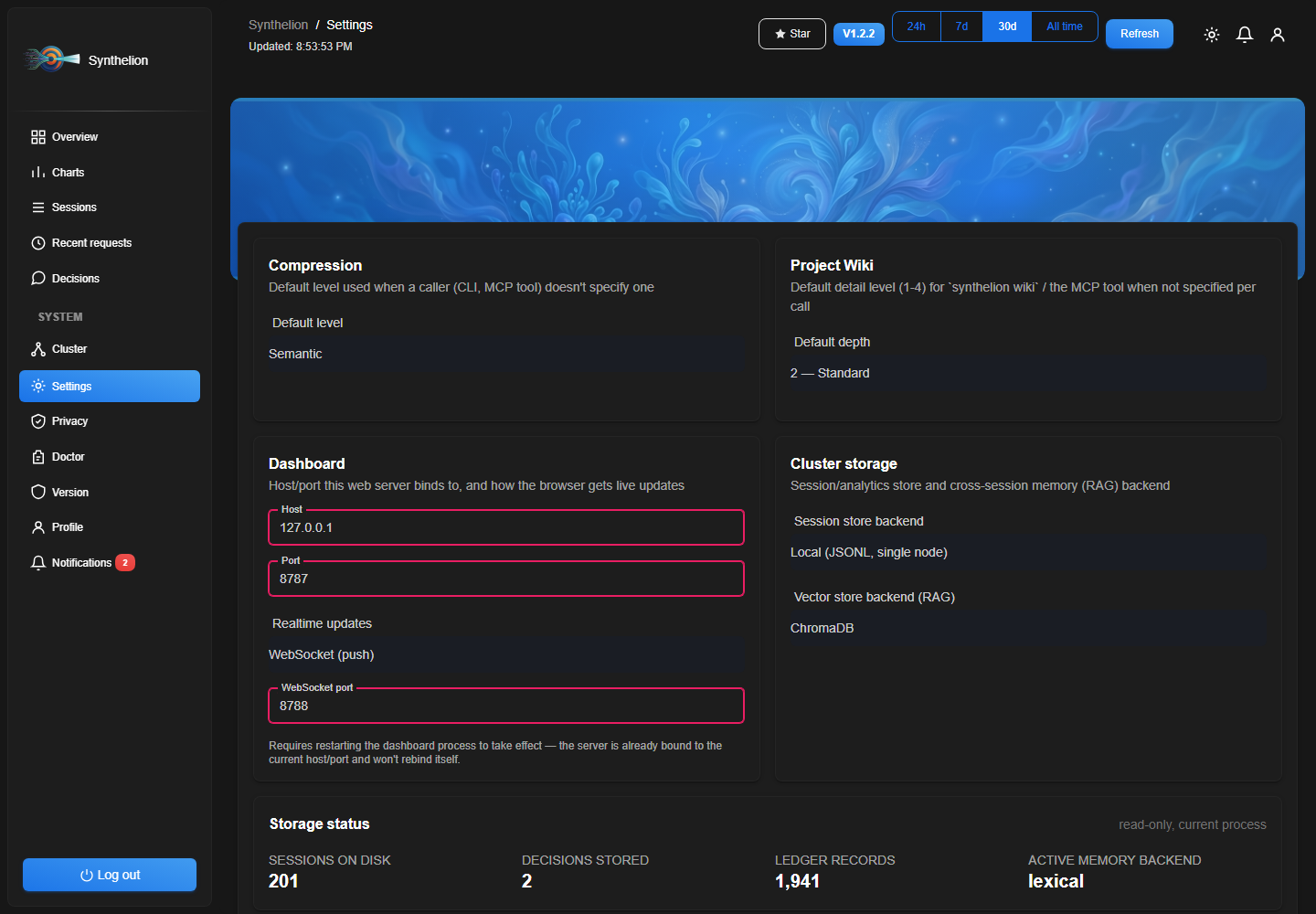 Synthelion dashboard — settings