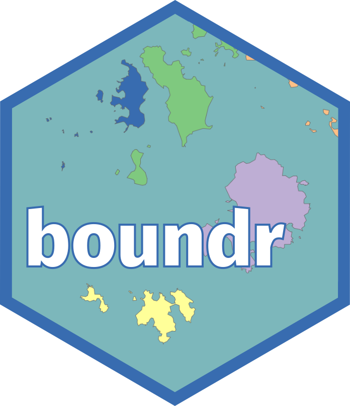 The boundr package hexagonal logo - the word boundr superimposed on a
cropped map of the Isles of Scilly, with the island parishes differently
coloured, on a sea blue background.