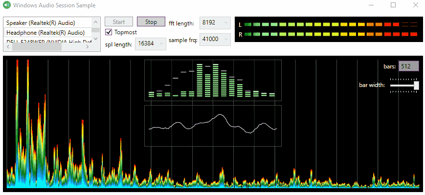 a FFT having 512 bars + FFT with 16 bars and peak bars + stereo sound level