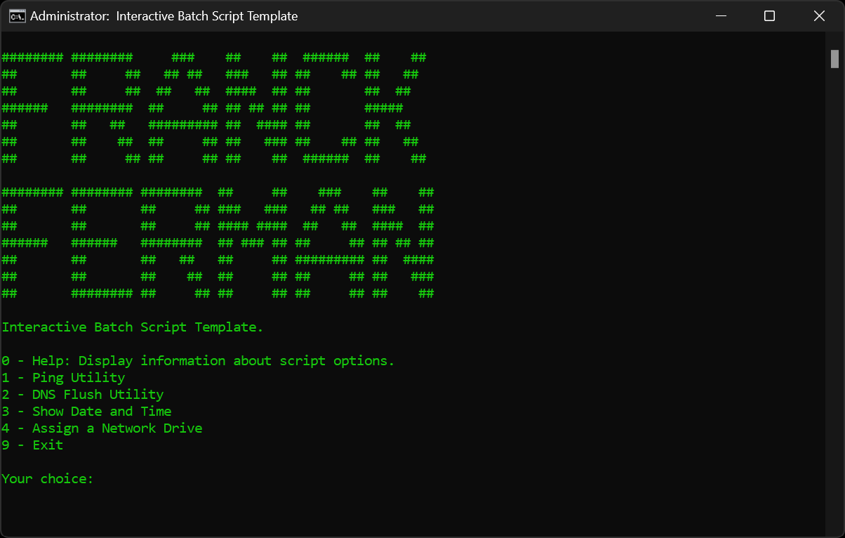 Interactive Batch Script Template main menu Demo Screenshot