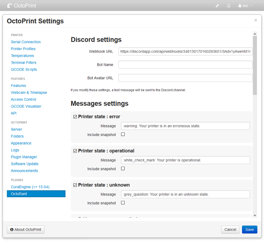 Screeshot of the settings panel