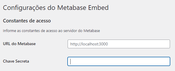 Configurações do Metabase Embed Tela de configurações do Metabase Embed