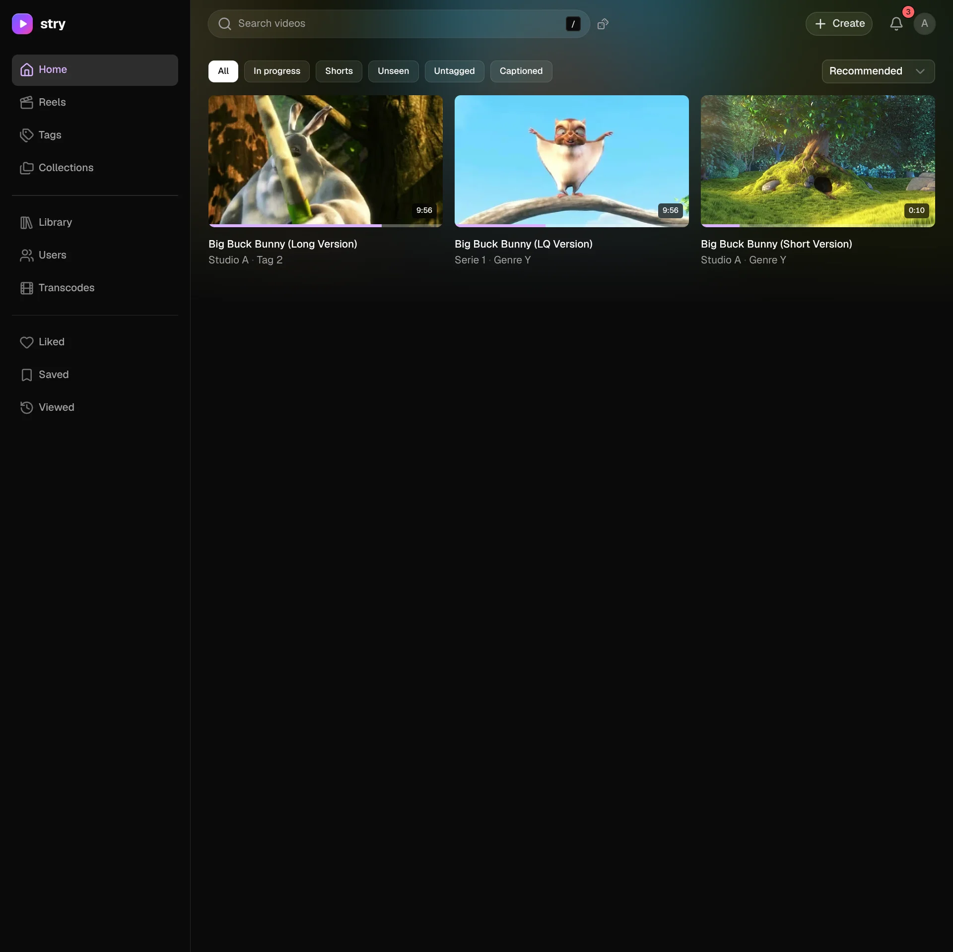 Home page with the video grid, search bar, filters and sidebar