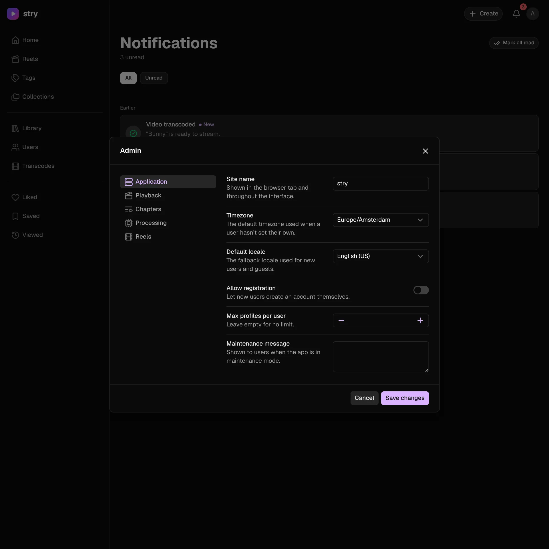 Admin window, Application tab