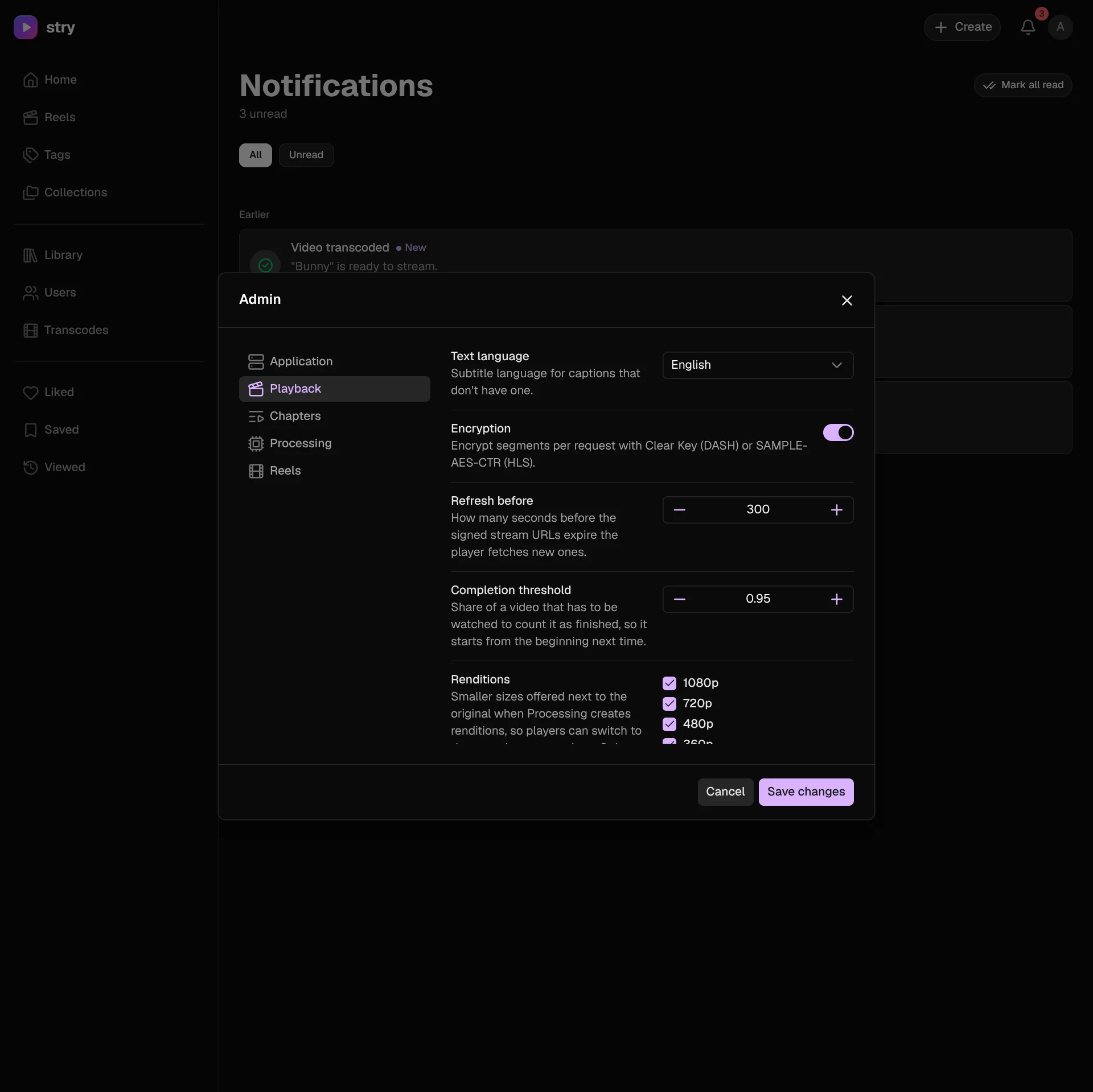 Admin window, Playback tab