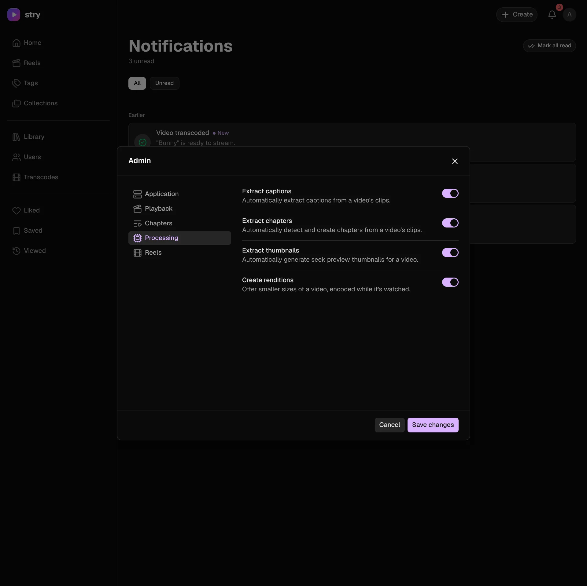 Admin window, Processing tab