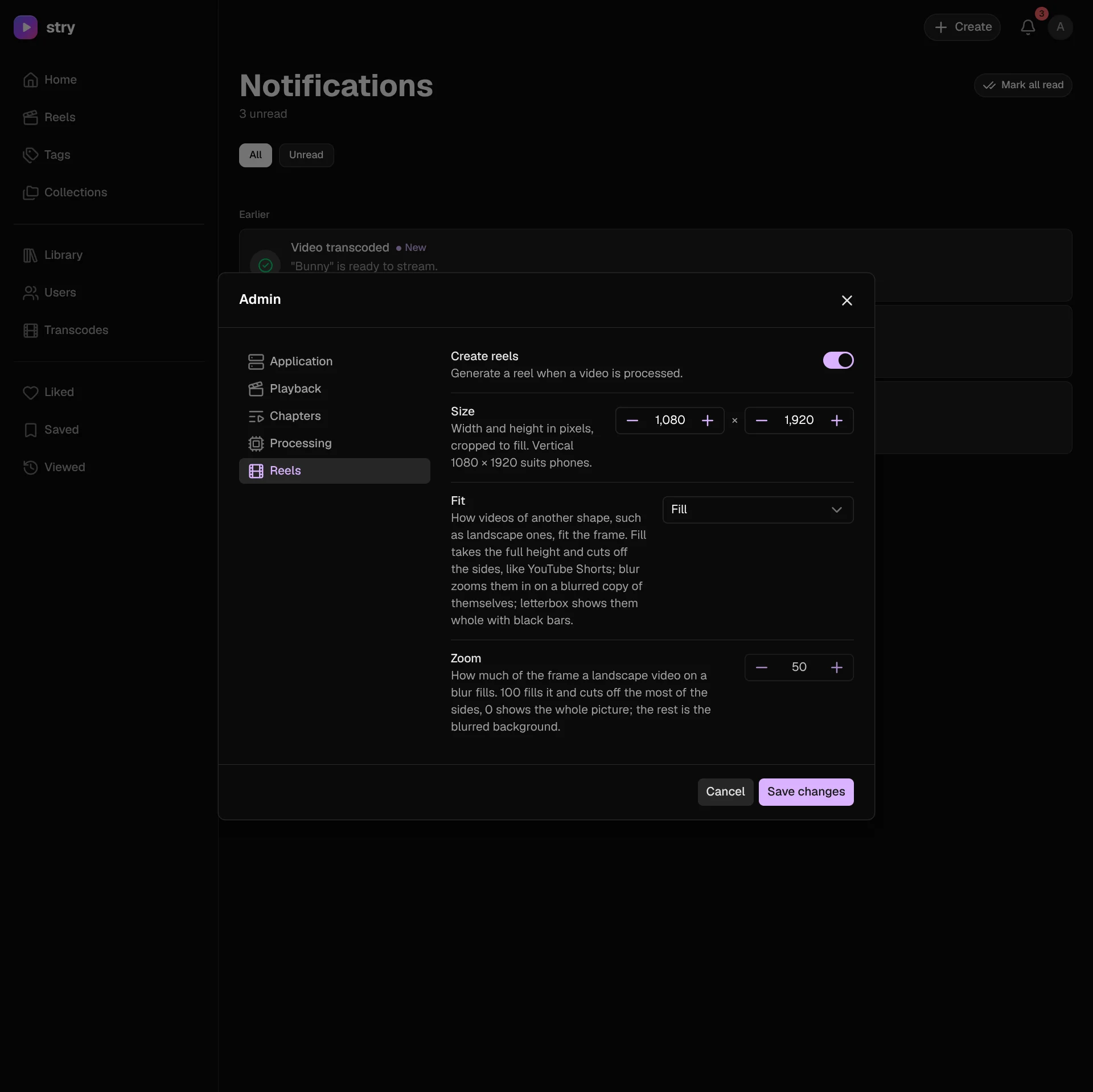 Admin window, Reels tab
