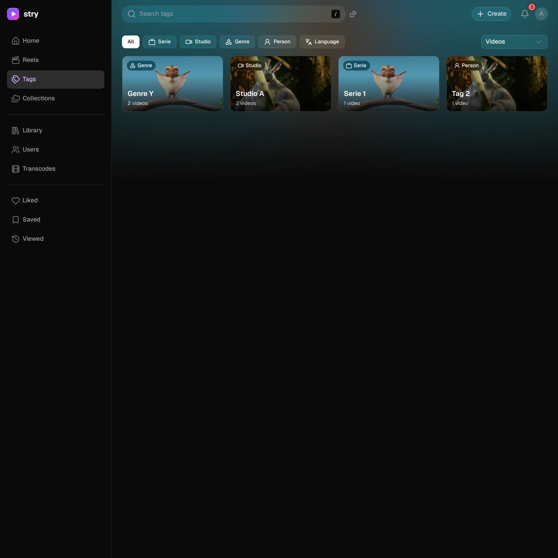 Tags page with type filters and a grid of tags with video counts