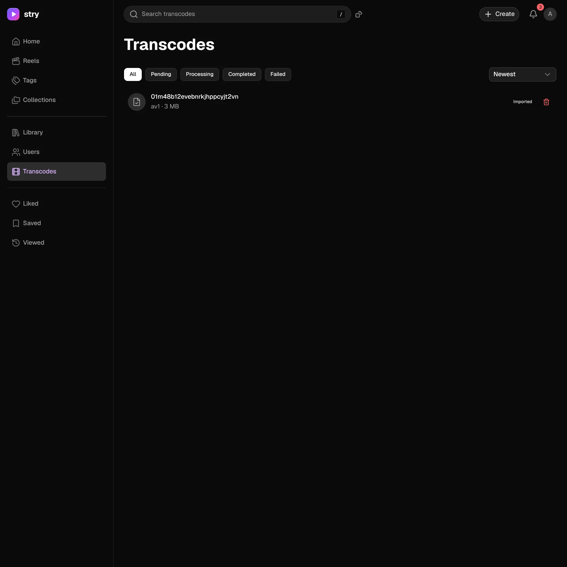 Transcodes page with status filters and a list of transcodes