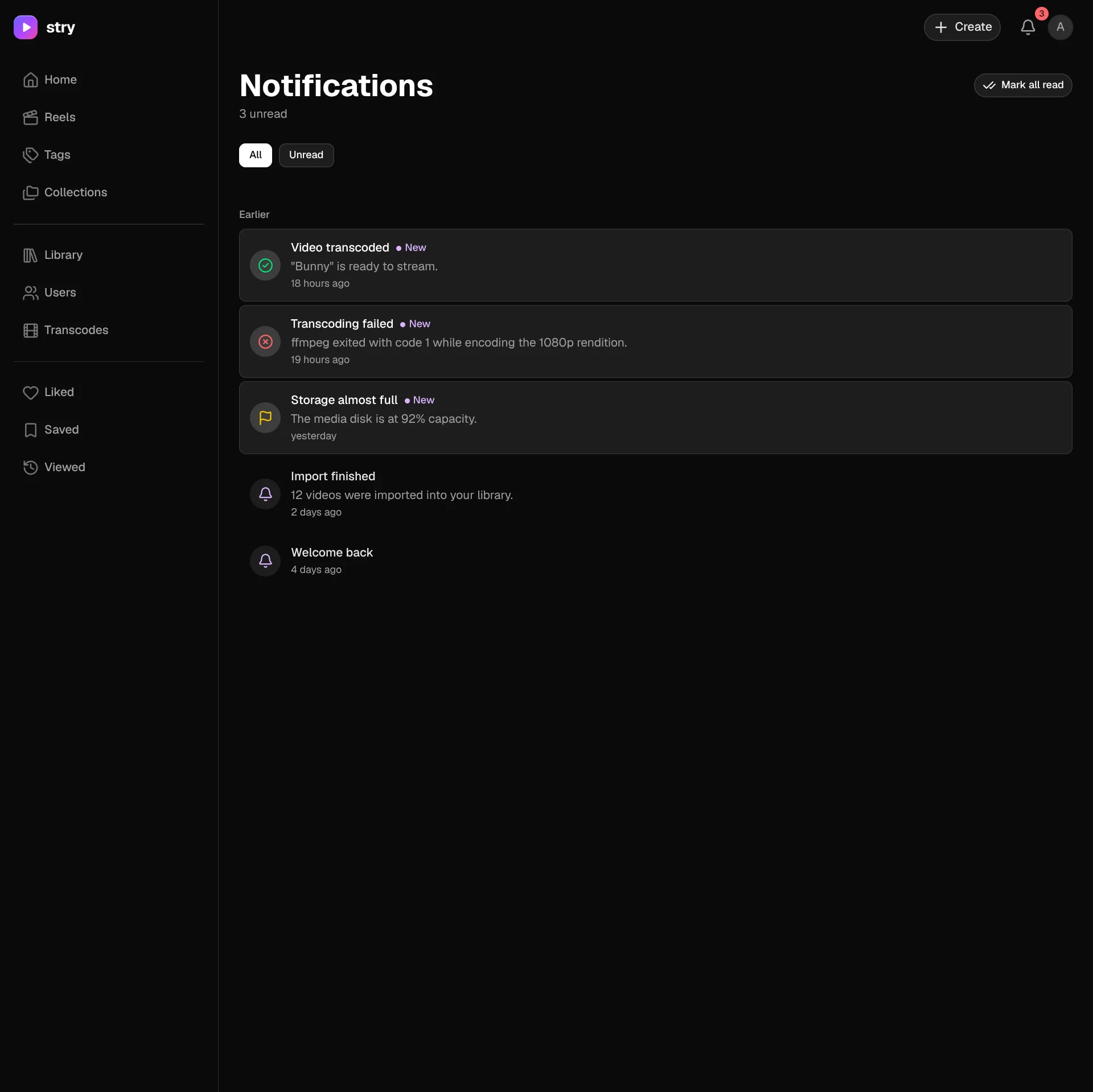 Notifications page with read and unread notifications
