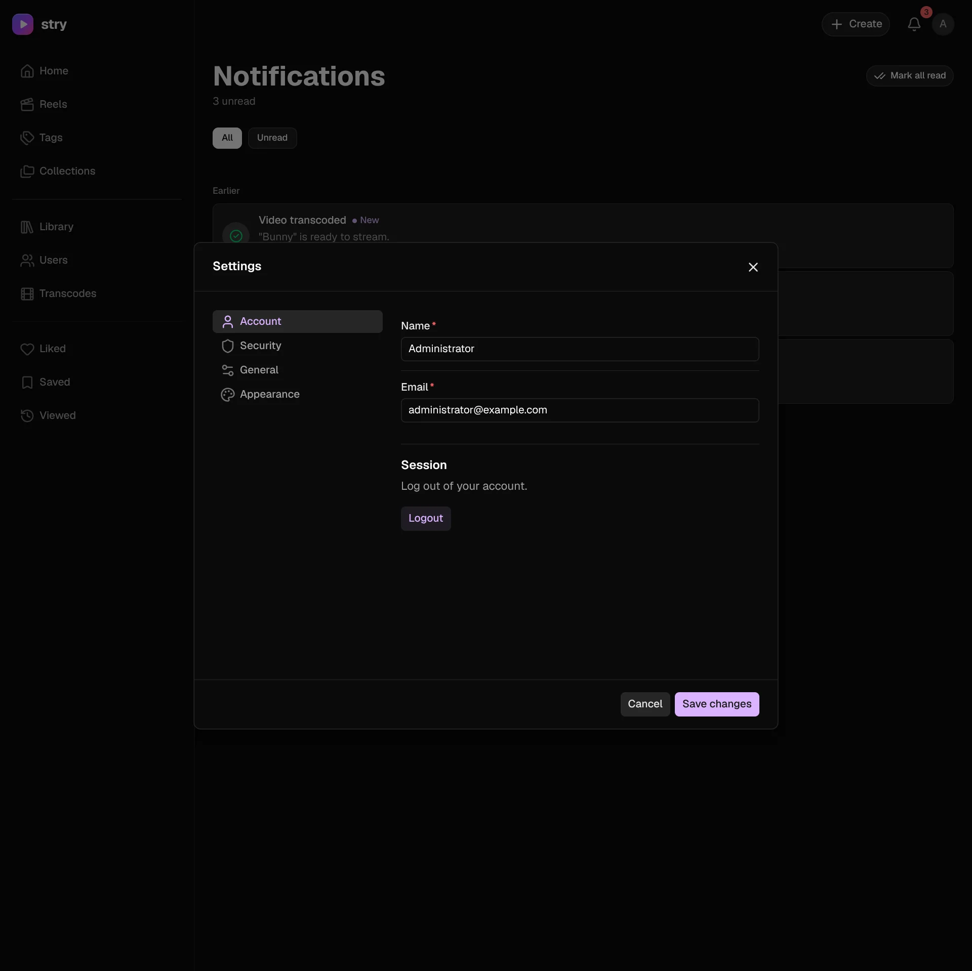 Settings window on the Account tab, with name, email and logout