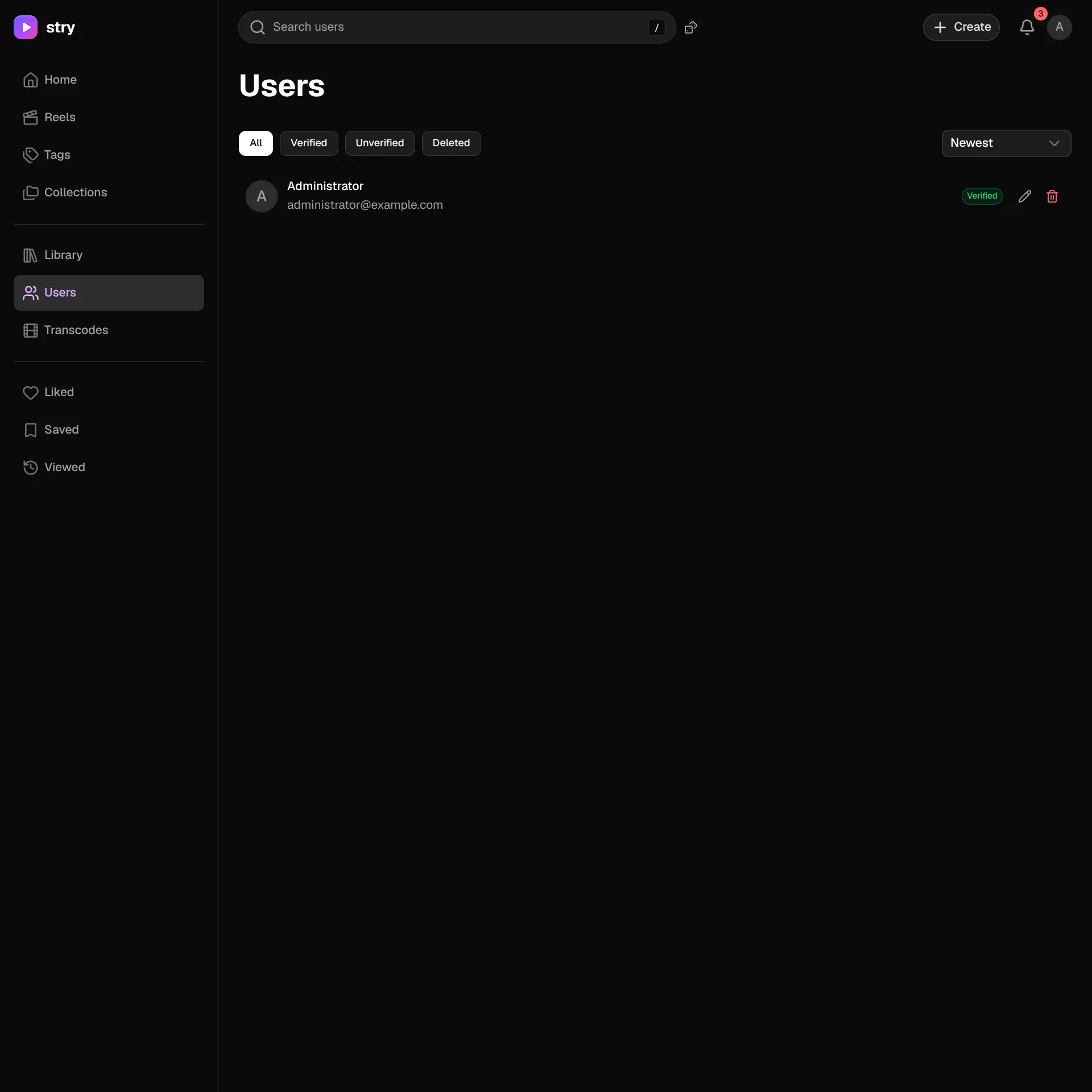 Users page with verification filters and a list of accounts