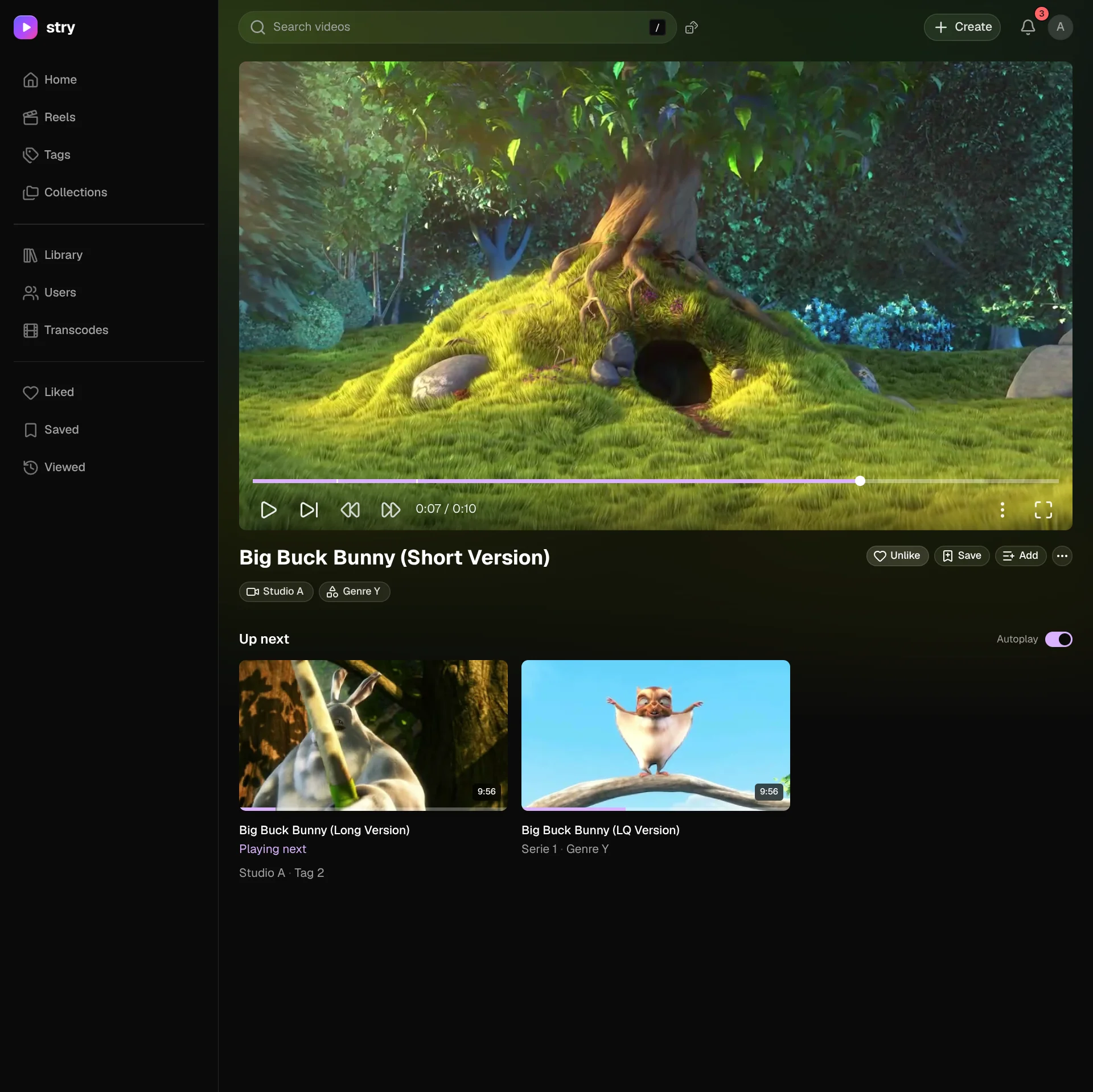 Video player page with playback controls, tags, actions and an Up next row