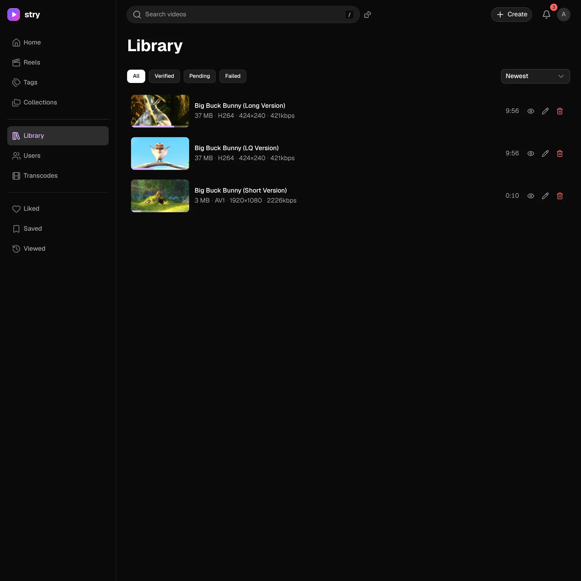 Library page in list view with verification filters and per-row actions