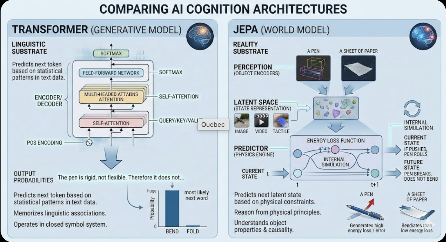 Comparison of Transformer Generative Model vs JEPA World Model – Pen does not bend, it rolls or breaks