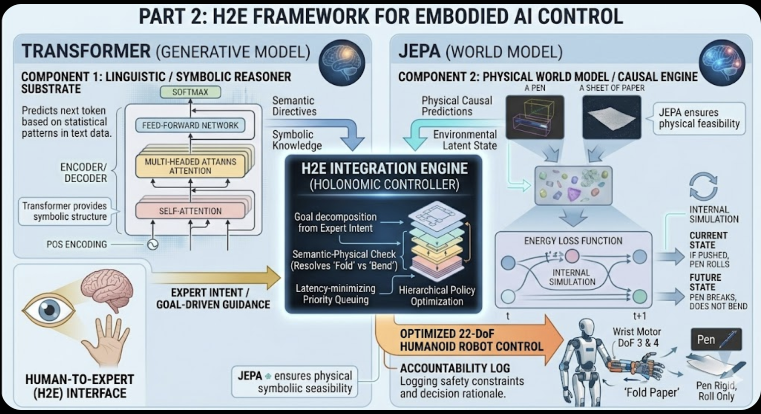 H2E Framework integrating Transformer symbolic reasoning with JEPA physical/causal world model for 22-DoF humanoid control