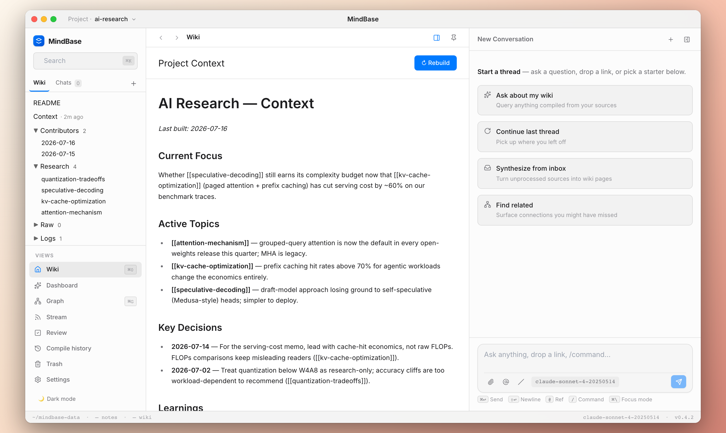 MindBase web UI — category tree on the left, the LLM-maintained context.md in the center, chat starters on the right