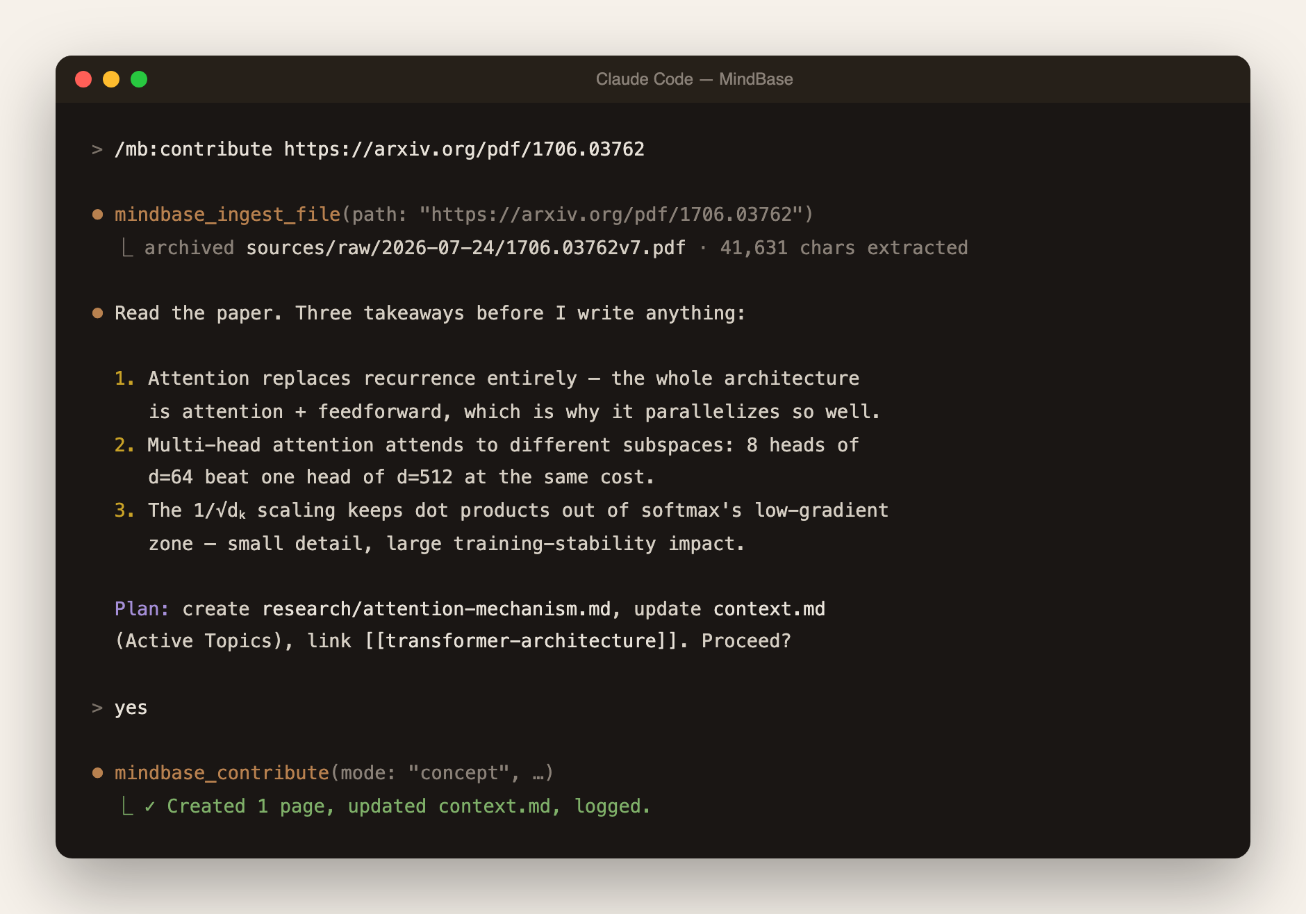 The core flow in Claude Code: /mb:contribute with an arXiv link — download, archive, discuss takeaways, approve, commit