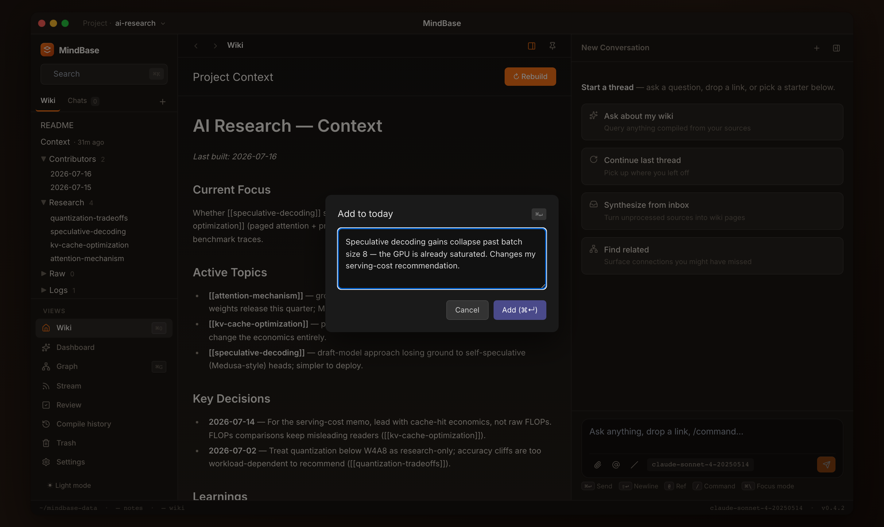 Cmd+I quick capture in dark mode — a thought typed into the Add-to-today modal, appended straight to your contributor file