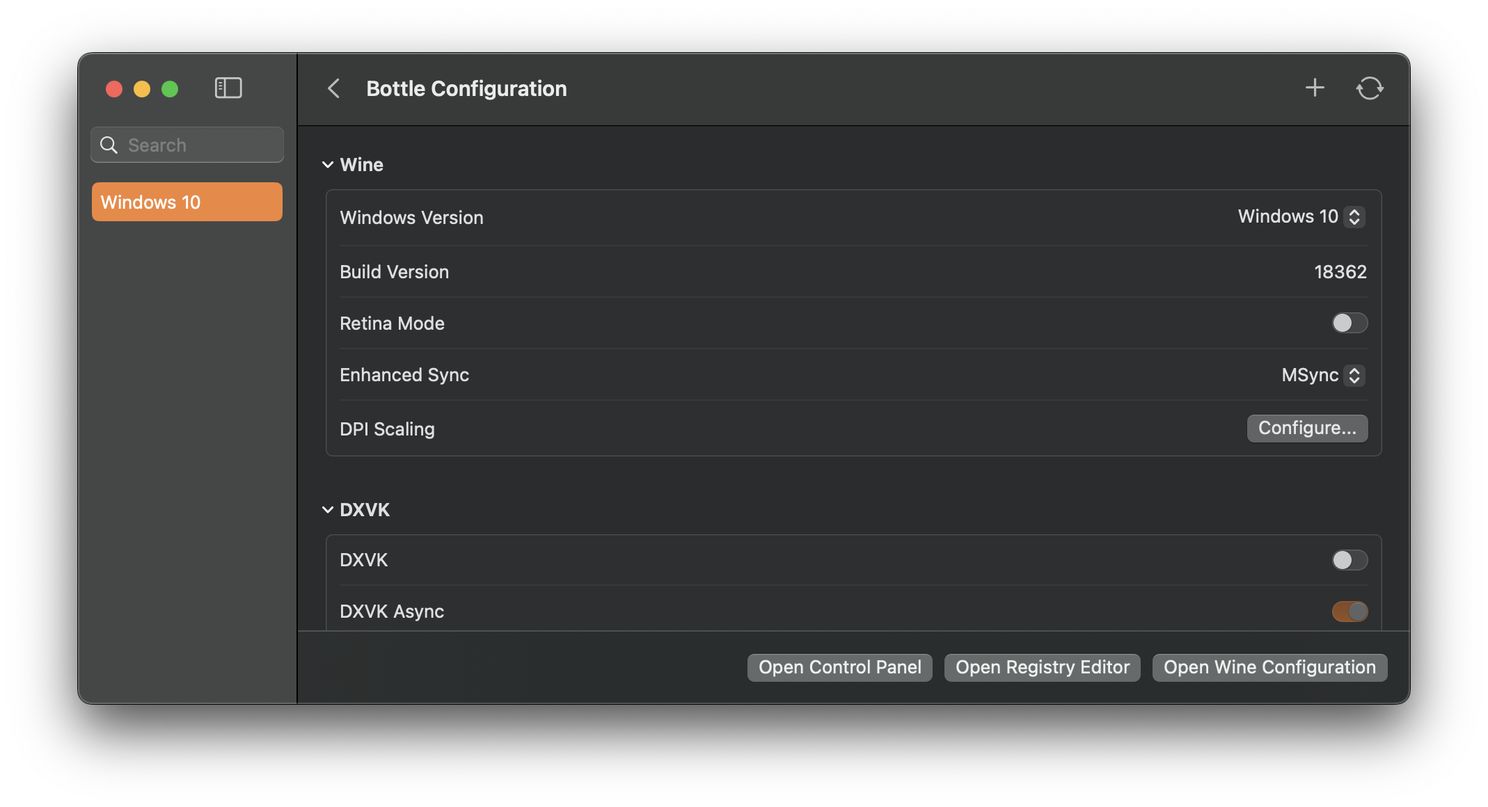 Whisky bottle configuration — graphics backend, Wine, and performance settings
